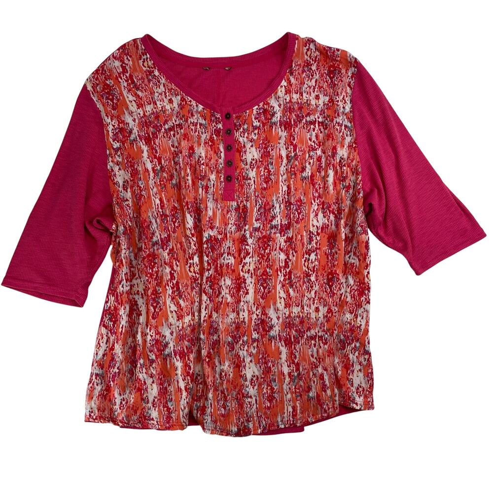 Pink Red Abstract Boho Mixed Media Henley Top 3/4 Sleeve Plus Size 2X Women's